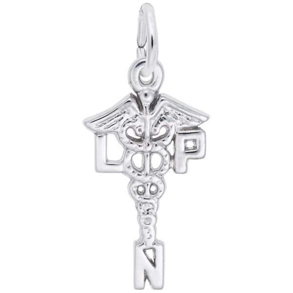 A Rembrandt Charms sterling silver Licensed Practical Nurse charm pendant in the shape of a caduceus symbol, featuring two snakes coiled around a winged staff and the letters "LPN" incorporated into the design to celebrate Licensed Practical Nurses.