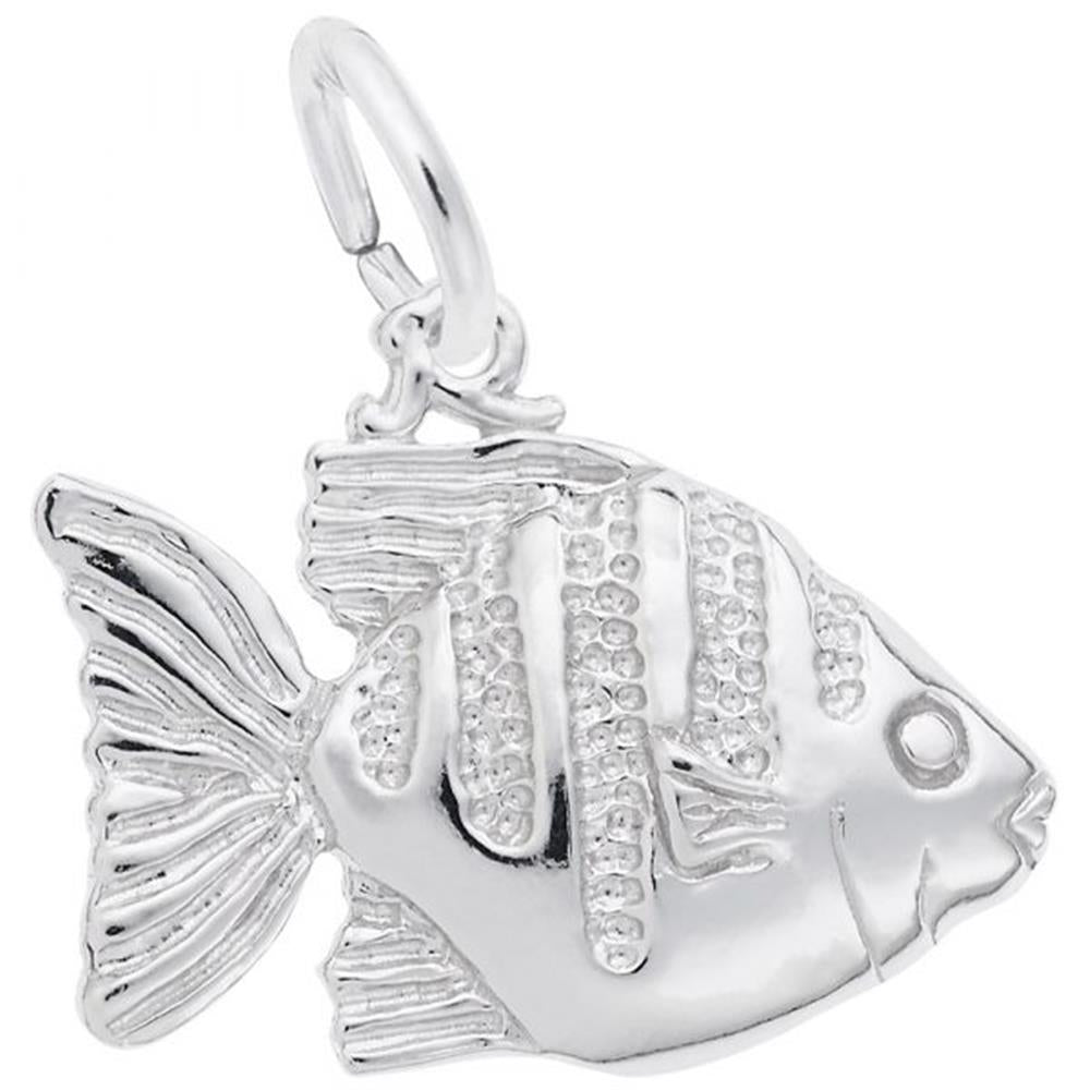 A shimmering Sunfish Charm in Sterling Silver from Rembrandt Charms with intricate detailing is shown against a plain white background. The fish, reminiscent of Rembrandt Charms' inspiration, features textured scales, a prominent dorsal fin, and a loop at the top for attaching to a necklace or bracelet.