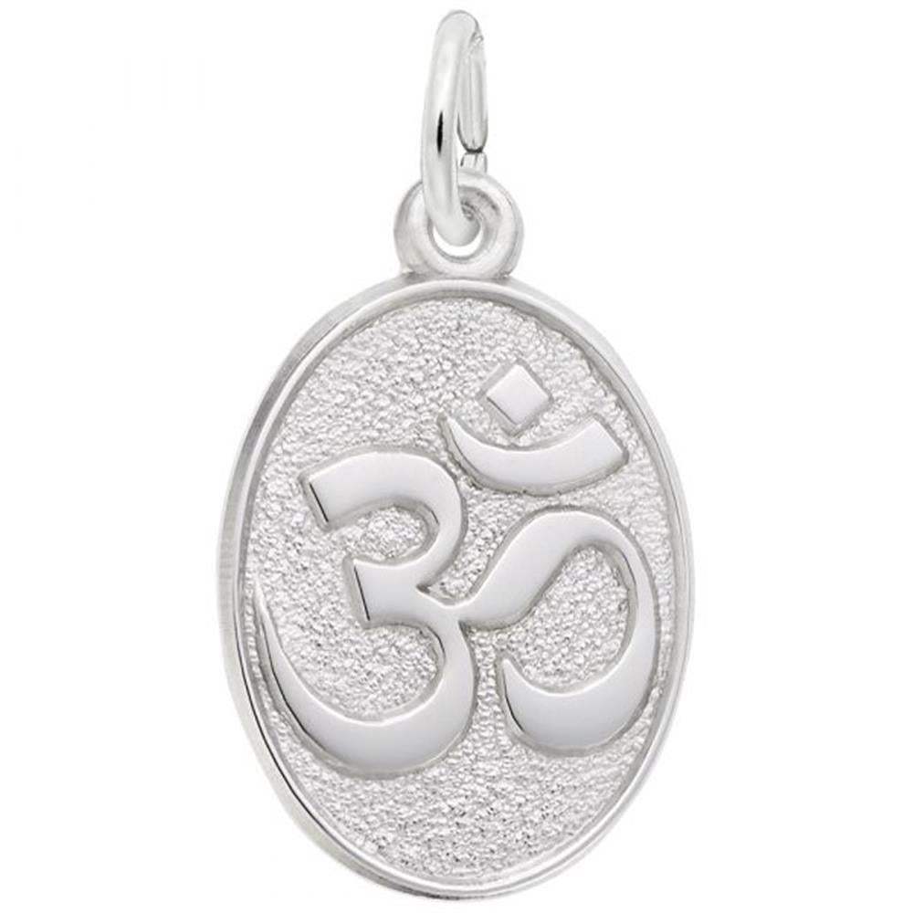 The Rembrandt Charms Yoga Symbol Charm in sterling silver is perfect for yoga enthusiasts. This pendant features an oval shape with a textured background that beautifully highlights the smooth, raised Om design in the center. A small loop at the top allows for easy attachment to a chain or necklace.