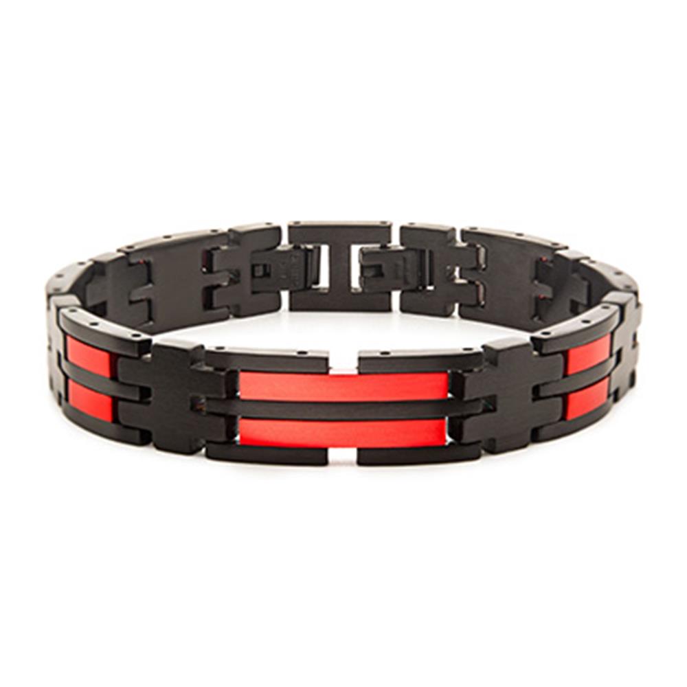 The Men's Stainless Steel Matte Black & Red Plated Dante Link Bracelet by INOX is a sleek accessory featuring a series of interlocking links. Its self-adjustable link design ensures a perfect fit, with bold red sections running horizontally along the middle of the black links.