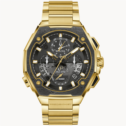 This is a Bulova Watch Company timepiece featuring an 8-hand chronograph and a modern, robust design. It showcases a smoky black dial adorned with multiple subdials, luminous gold-tone hands, and markers. The precisionist logo accentuates its chronograph function. The watch is completed with a gold-tone stainless steel bracelet and a Damascus steel bezel.