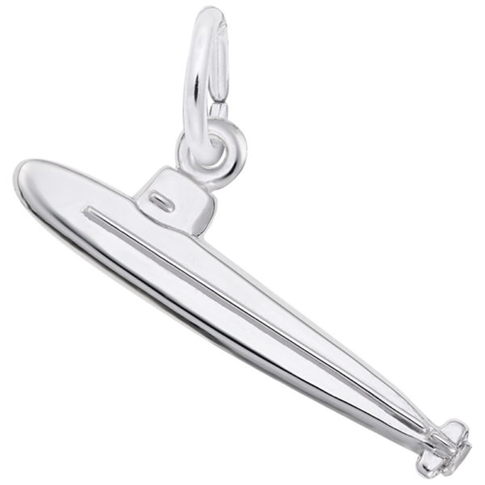 Image showing the Submarine Charm from Rembrandt Charms. The sterling silver charm features a detailed submarine, capturing the intrigue and excitement of underwater exploration. The dimensions are 0.94 inches by 0.29 inches (23.87 mm x 7.41 mm). This charm adds a touch of nautical adventure and finely crafted detail to any collection. Style number 2342.