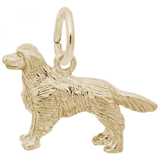 The Golden Retriever Small / Gold Plated Charm from Rembrandt Charms features a standing Golden Retriever with intricately detailed fur texture. The charm showcases the dog's bushy tail and collar, and includes a loop for easy attachment to a necklace or bracelet.