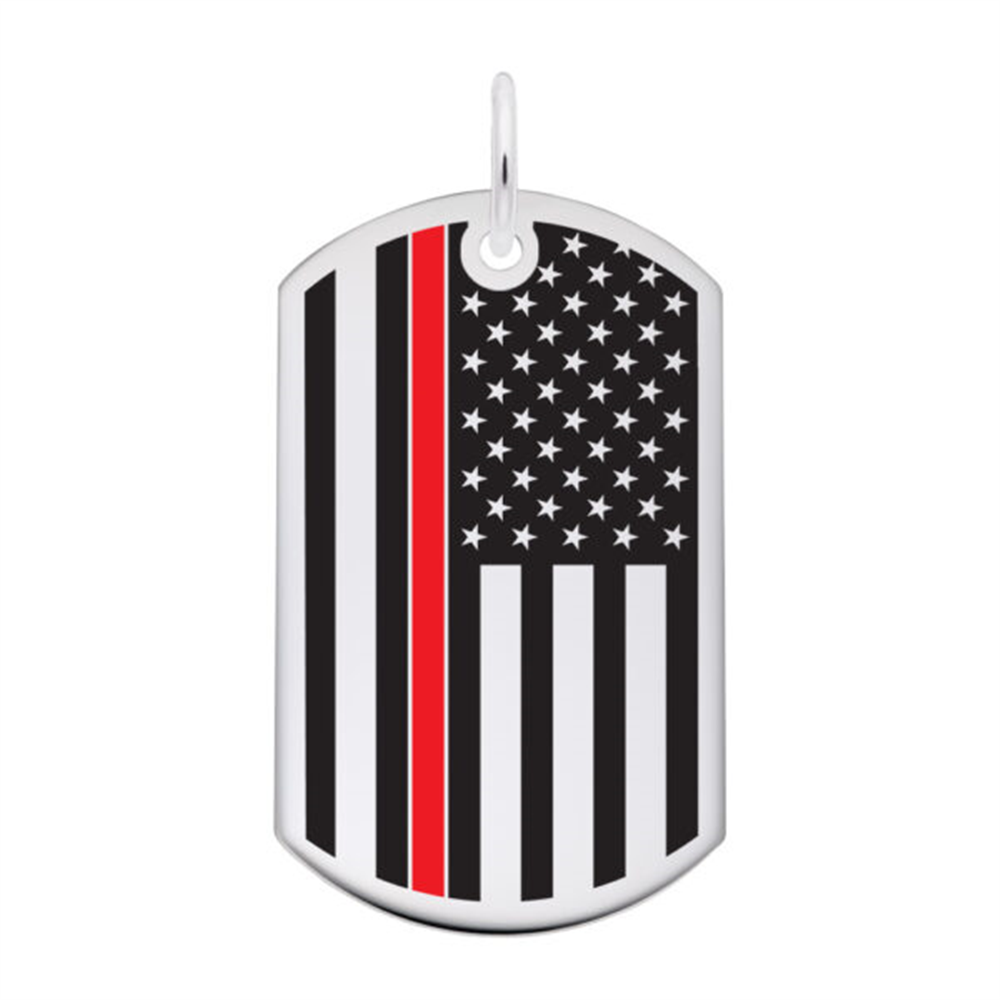 Rembrandt Charms' "USA Flag with Red Stripe" is a sterling silver dog tag that honors firefighters with a stylized American flag design. The flag features black and white stripes with one red stripe symbolizing courage, and a field of white stars on a black background. This personalized jewelry piece includes a small loop at the top for easy attachment to a chain.