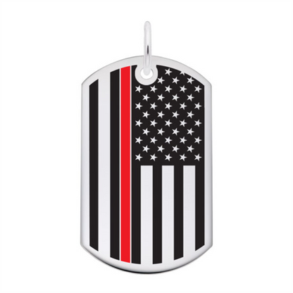 Rembrandt Charms' "USA Flag with Red Stripe" is a sterling silver dog tag that honors firefighters with a stylized American flag design. The flag features black and white stripes with one red stripe symbolizing courage, and a field of white stars on a black background. This personalized jewelry piece includes a small loop at the top for easy attachment to a chain.