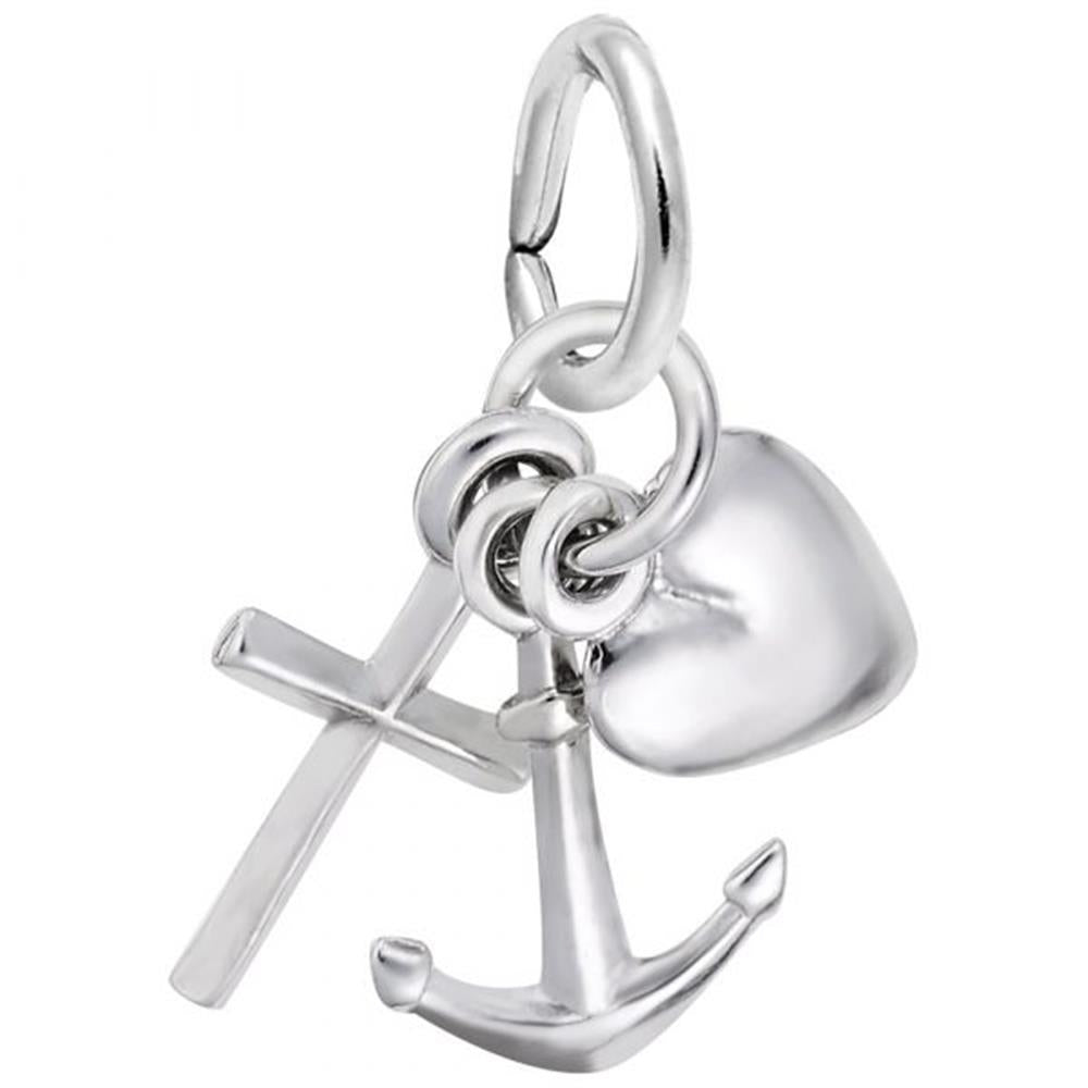 The Faith, Hope, Charity Charm by Rembrandt Charms is crafted from sterling silver and features a cross on the left, an anchor in the middle, and a heart on the right, each symbolizing faith, hope, and charity. These elements are all attached to a single ring against a plain white background.