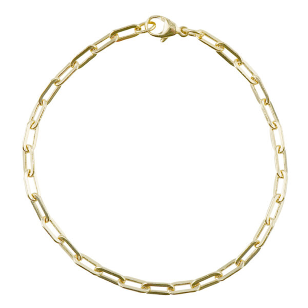 The Rembrandt Charms paperclip SMALL 8' GP is a gold chain bracelet with rectangular, paperclip links and a lobster clasp closure. Its design is simple and elegant, featuring uniform, polished links that are perfect for a chic look.