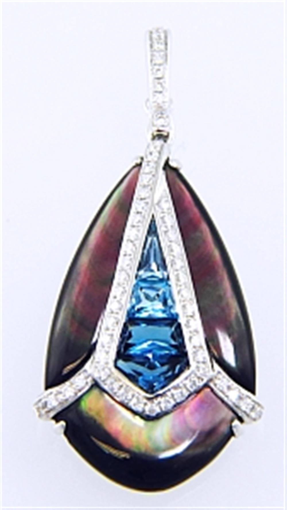 The Bellarri Black Mother of Pearl and Diamond Enhancer D-0.31ct BMoP-8.44ct 14kWG features a teardrop-shaped pendant with a dark iridescent surface showcasing purple and green hues. This elegant piece is highlighted by an elongated blue gemstone framed with a zigzag pattern encrusted with small diamonds, all set in 14k white gold, creating a sophisticated and detailed design.