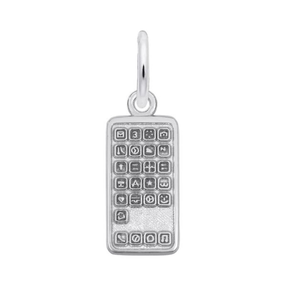 Introducing the Rembrandt Charms Smart Phone Charm in sterling silver, skillfully crafted to resemble a smartphone with intricate tiny app icons on its screen. Ideal for enhancing a bracelet or necklace, this charm includes a handy loop at the top for effortless attachment.