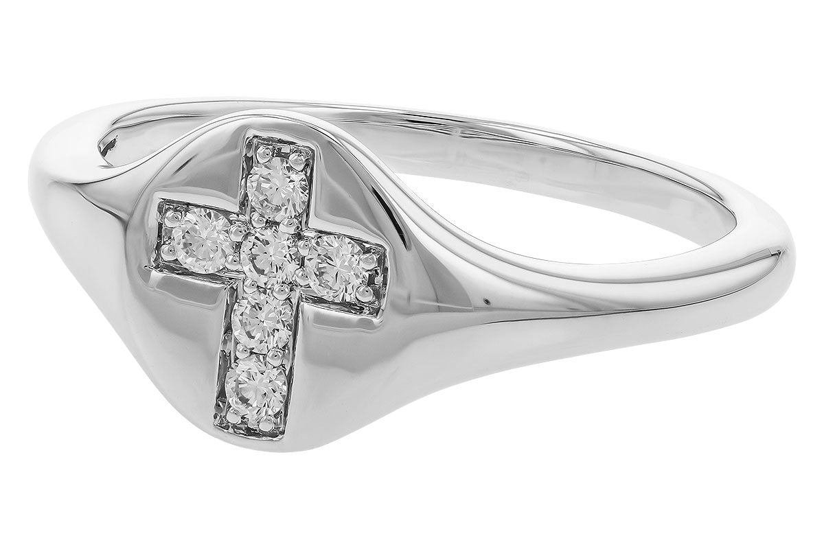 This elegant Diamonds 14k gold cross ring by Allison Kaufman showcases a beautiful diamond cross motif. Crafted with small round diamonds and set in 14K white gold, this piece radiates timeless sophistication.