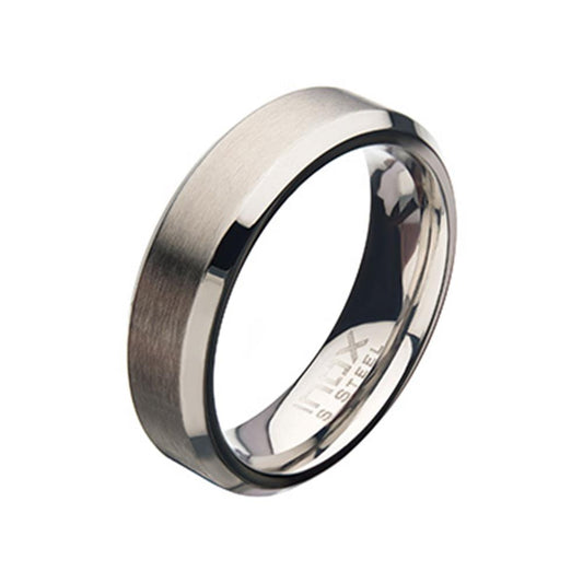 An elegant INOX Men's Stainless Steel 6mm Matte Beveled Band Ring in size 10, featuring a brushed matte finish on the outer band and a polished interior surface. This ring boasts a clean, simple look with slightly beveled edges.