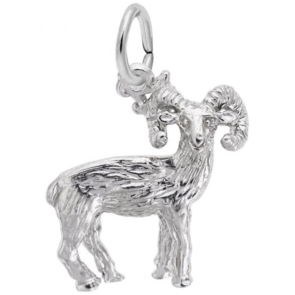 The Rembrandt Charms Big Horn Sheep Charm, crafted from sterling silver, showcases a detailed design with intricately curled horns and textured fur. It includes a small loop at the top for easy attachment to a chain or bracelet.