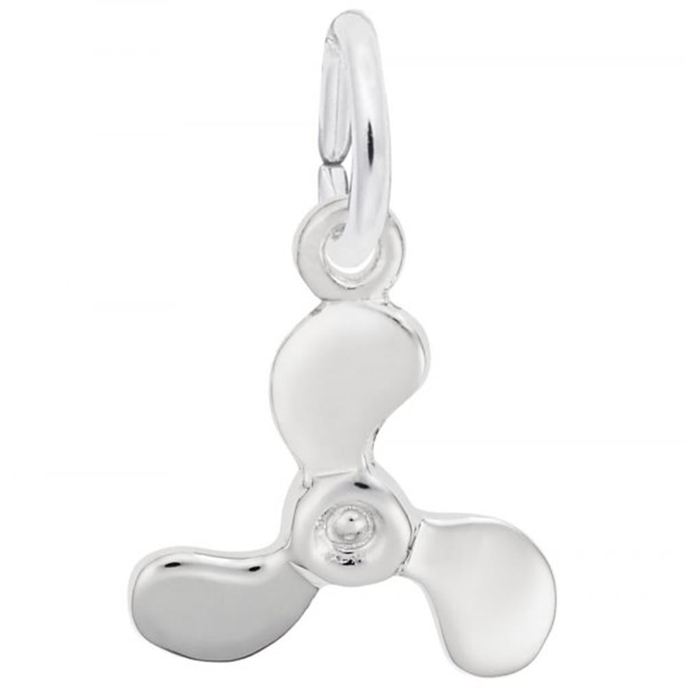 The Propeller Charm by Rembrandt Charms is a shiny sterling silver pendant designed in the shape of a three-bladed propeller, suspended from a small, round loop at the top for easy attachment to a necklace or bracelet. Its smooth and reflective metal surface gives it an elegant charm.