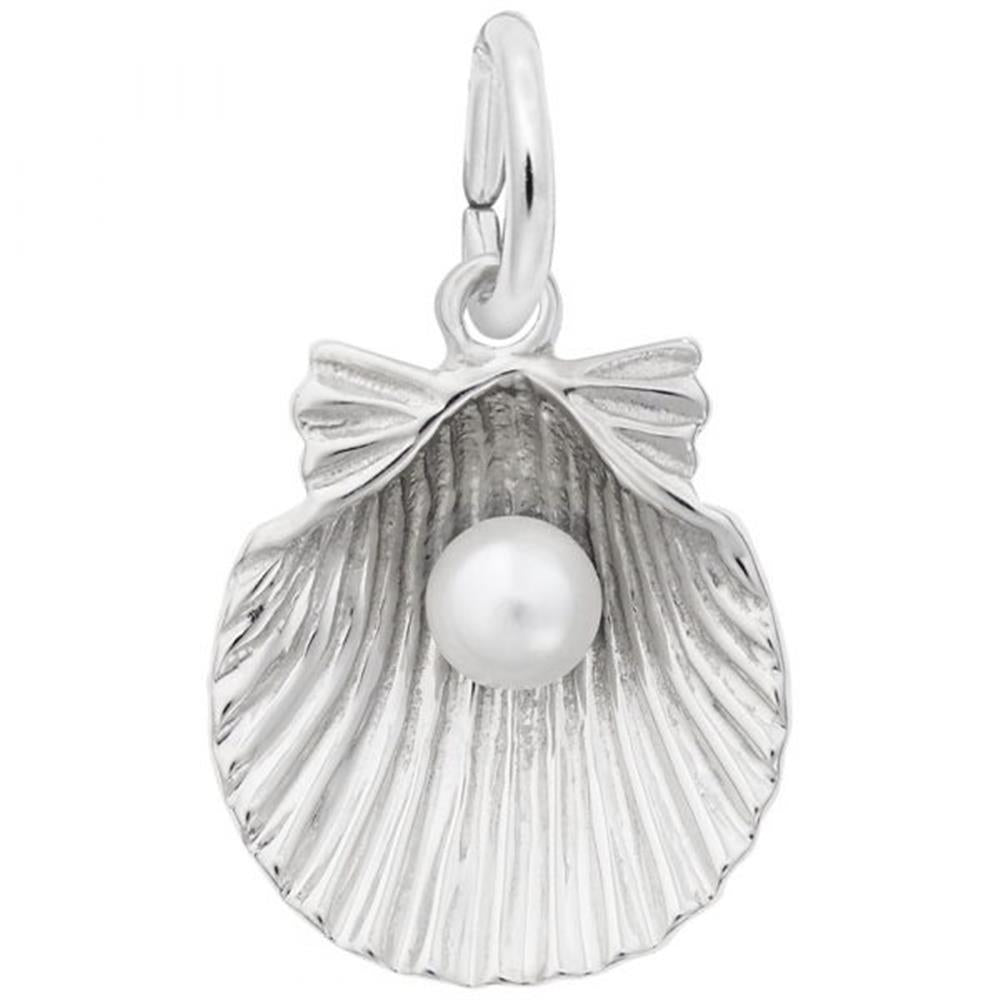 The Shell With Pearl Charm by Rembrandt Charms is a detailed sterling silver pendant shaped like an open seashell, featuring a small, white pearl in the center. It has intricate ridges that mimic a real seashell and includes a loop at the top for easy attachment to a necklace or bracelet.