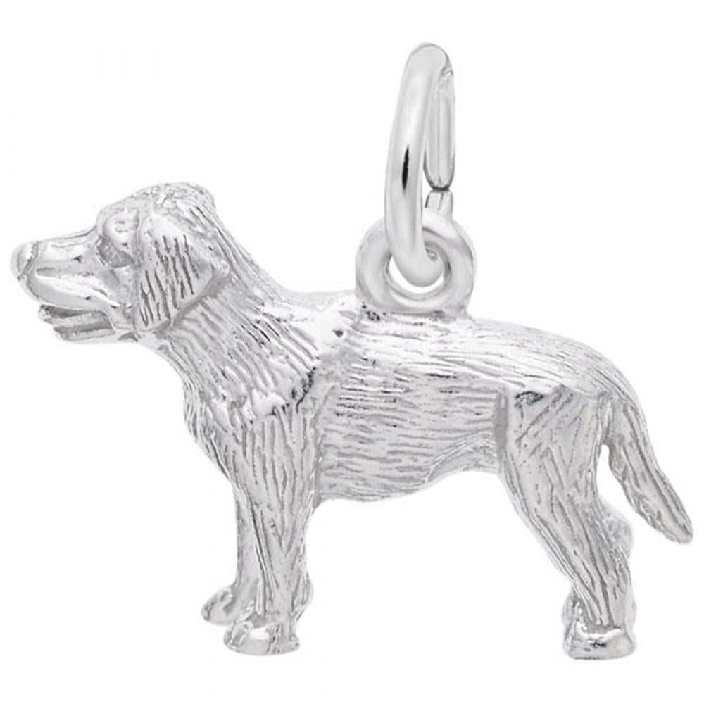 Introducing the Rembrandt Charms Sterling Silver Labrador Dog Charm – a meticulously detailed standing dog charm with realistic fur texture, capturing a mid-barking posture with its mouth slightly open. Perfect for any jewelry collection, it features a convenient loop on top for easy attachment to bracelets or necklaces.