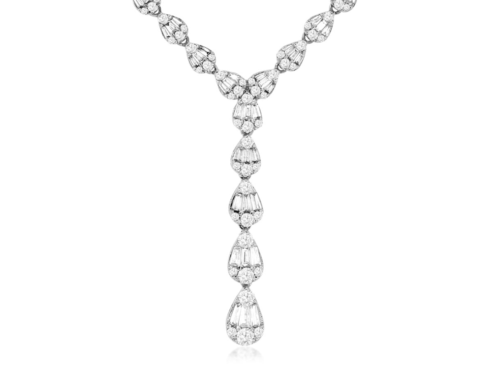 This 14K White Gold diamond necklace from Royal Jewelry, style # WC9376D, features a Y-shaped design with pear illusion teardrop-shaped diamond clusters totaling 2.80 tcw, offering an elegant and sparkling appearance.