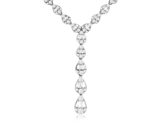 The Royal Jewelry 14K white gold diamond necklace, Style #WC9376D, features a sophisticated Y-shape design adorned with multiple pear-shaped diamonds totaling 2.80 tcw, creating an elegant pear illusion and luxurious appearance.