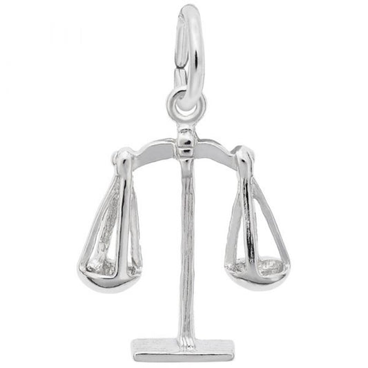 The Rembrandt Charms' Scales Of Justice Charm, crafted in sterling silver, features a beautifully detailed design with a balanced scale and two pans hanging from a central beam, all connected to a small loop for easy attachment to jewelry.