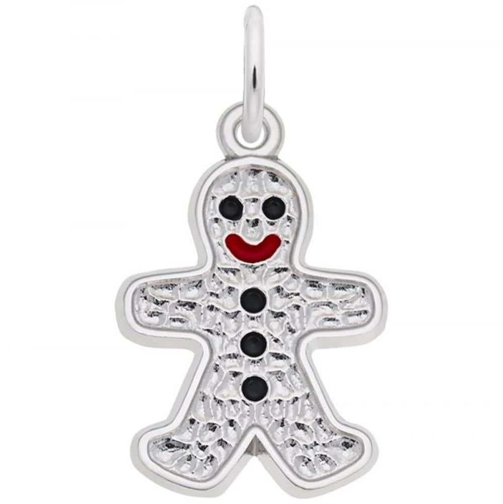 The Gingerbread Man Charm from Rembrandt Charms, made of sterling silver with black button details and a red smiling mouth, hangs from a small loop at the top. This Christmas charm features a textured surface, giving it a detailed and festive appearance.