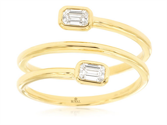 Discover the elegance of the 14k YG diamond ring by Royal Jewelry, Style # H2669D. This exquisite piece features two parallel 14K yellow gold bands, each adorned with a rectangular 0.30 CT diamond at each end. Its wrap-around design beautifully highlights the diamonds and offers an elegant fit in size 6.5.