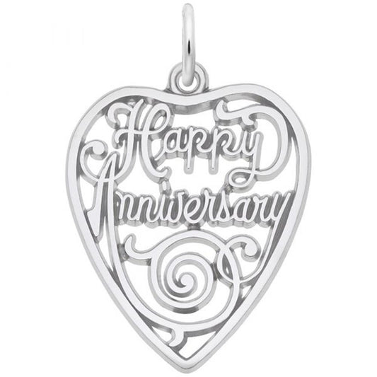  'Sterling silver heart-shaped charm with the engraved text: Happy Anniversary, featuring intricate scrollwork. Style 2892, 0.75 in x 0.85 in (19.08 mm x 21.69 mm).'