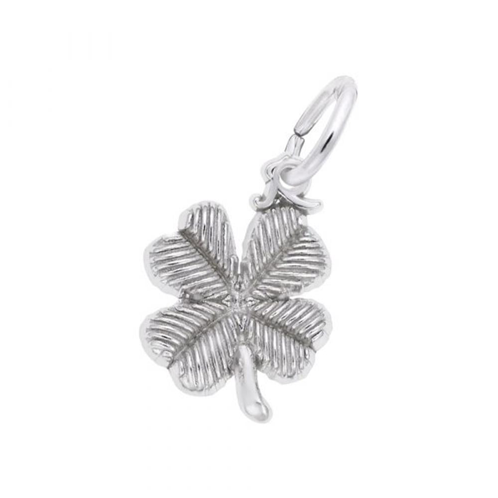 A sterling silver Four Leaf Clover Accent Charm from the Rembrandt Charms collection is shown, featuring detailed textures on each leaf and a small loop at the top for attaching to a chain or bracelet.