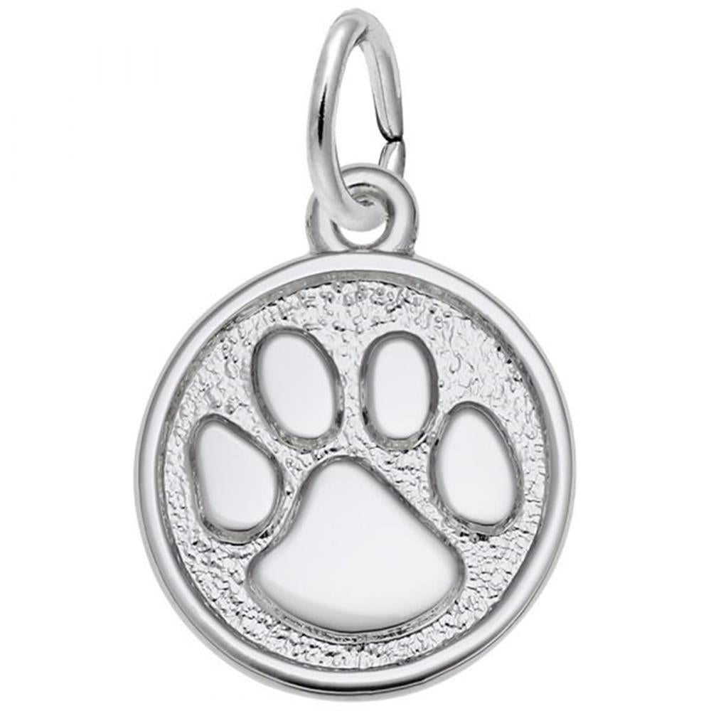 The Paw Print Charm in sterling silver by Rembrandt Charms showcases an engraved paw print design at its center. It features a smooth edge, a textured background, and a small loop at the top for easy attachment to a chain or bracelet, reflecting Rembrandt Charms' renowned attention to detail.