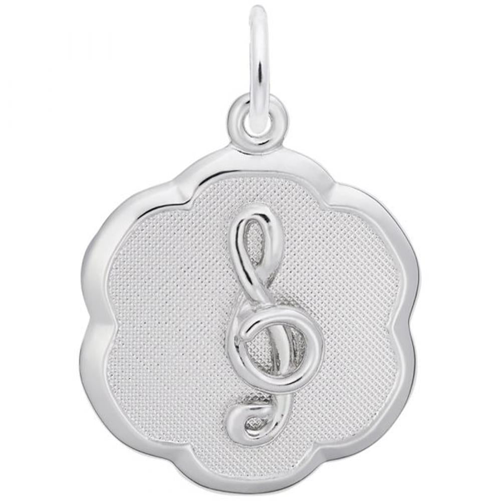 A sterling silver pendant by Rembrandt Charms, shaped like a flower with a textured background, featuring a raised treble clef symbol in the center.