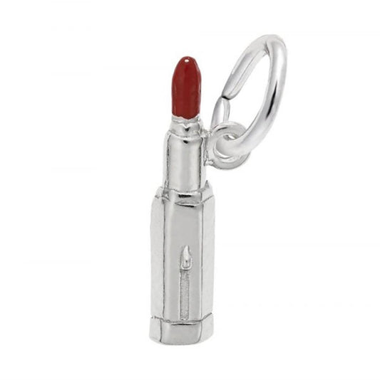 A sterling silver lipstick pendant charm with a red tip. This elegant Rembrandt Charms Lipstick Charm / Sterling Silver features a loop at the top for easy attachment to a bracelet or necklace.