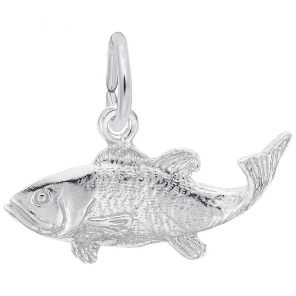 Image of a sterling silver Bass Fish Charm, Style 0487, 0.76 in x 0.32 in (19.24 mm x 8.23 mm). The charm features a detailed depiction of a bass fish, attached to a loop for easy addition to any charm bracelet.