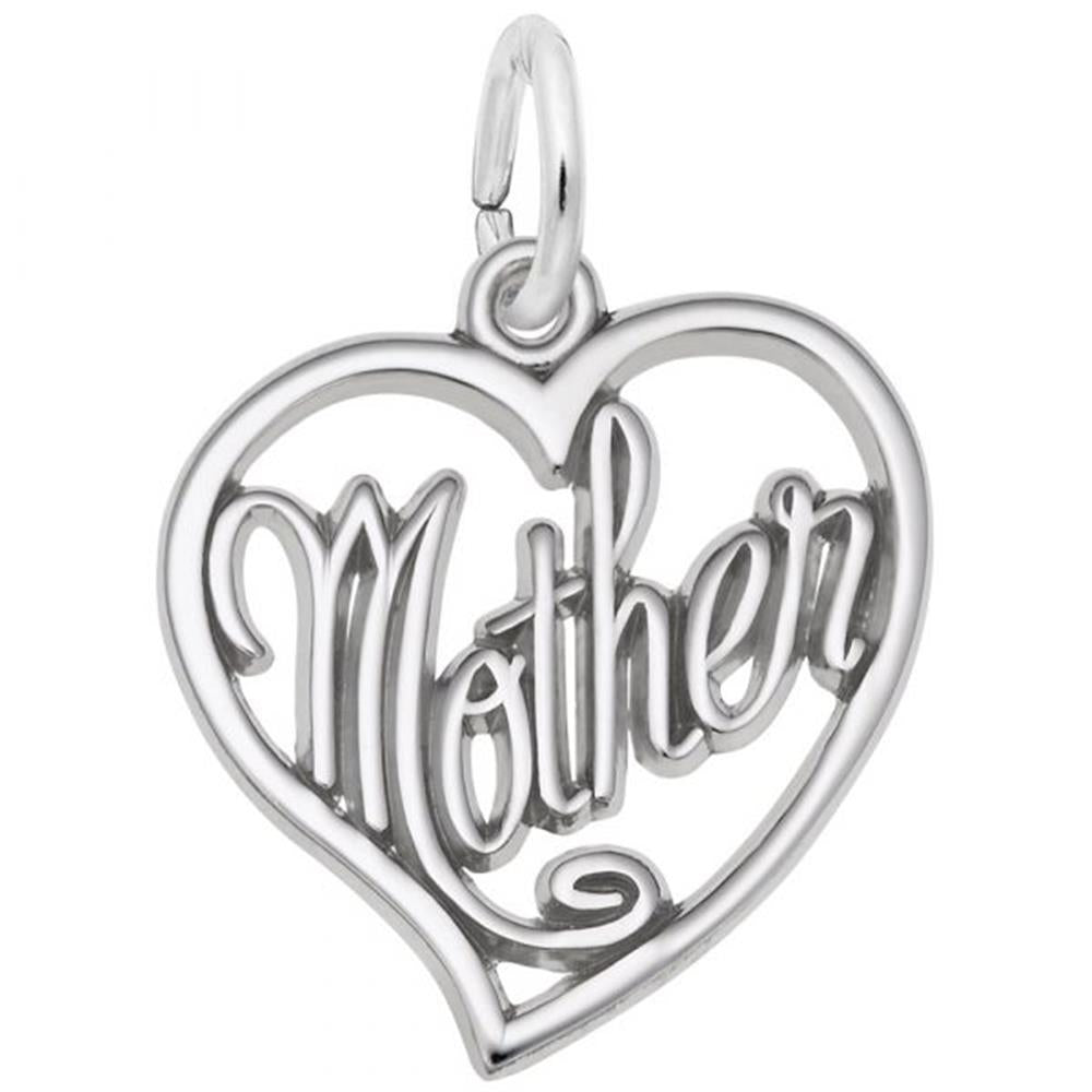 The Mother Charm by Rembrandt Charms is a sterling silver pendant in the shape of a heart, with the word "Mother" elegantly scripted in an open and airy design. The artistic, cursive font gives it a delicate and sentimental appearance, making this sterling silver charm perfect for celebrating maternal love.