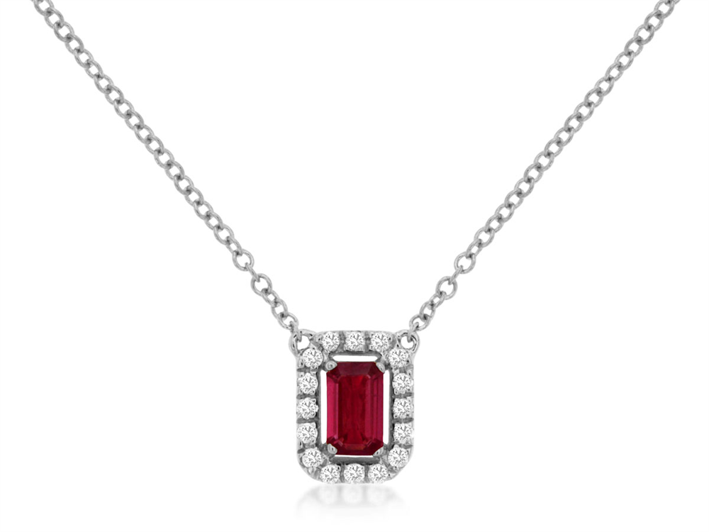 Introducing the Ruby and Diamond Pendant by Royal Jewelry: a stunning silver necklace featuring an emerald-cut ruby pendant, elegantly surrounded by sparkling white stones within a rectangular setting, and beautifully suspended from a delicate chain.