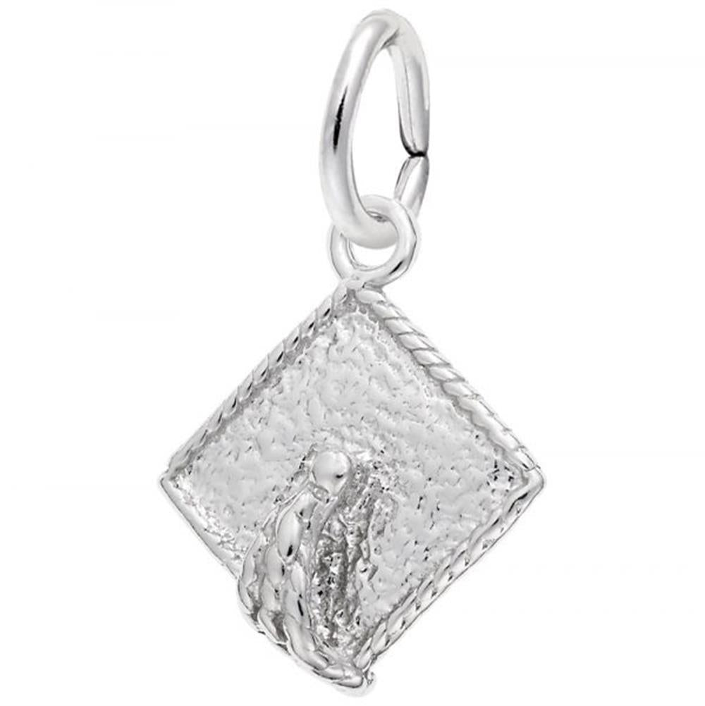 The Graduation Cap Small Charm by Rembrandt Charms is crafted from sterling silver. This elegant piece, designed in the shape of a textured graduation cap, features a loop at the top for easy attachment to a bracelet or necklace and showcases a detailed tassel design on one side.