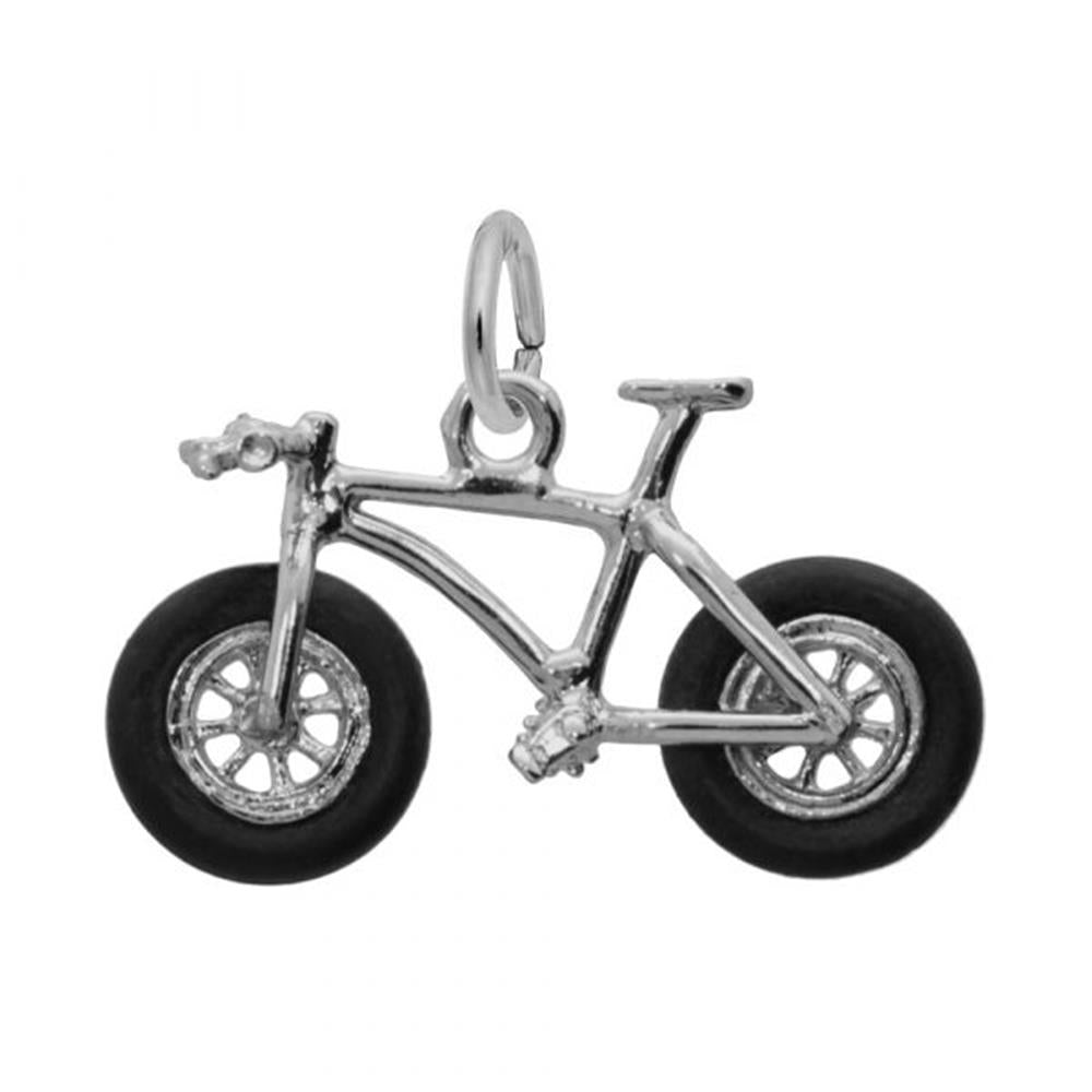 The Fat Tire Bike Charm in sterling silver from Rembrandt Charms features a detailed fat bike design, complete with handlebar, frame, pedals, and two black wheels. A small loop at the top allows it to be easily attached to a bracelet or necklace, making it perfect for any cycling enthusiast.