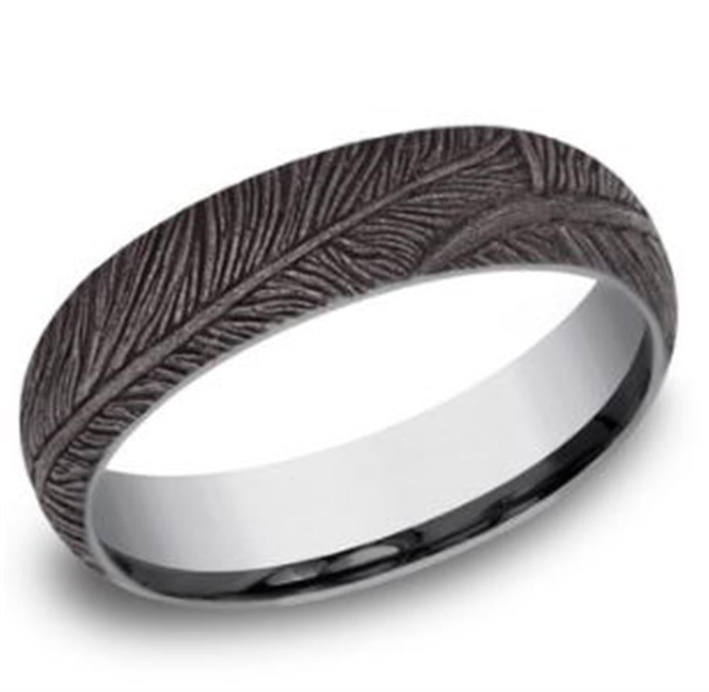 The 6mm Tantalum with Textured Feather Designs Ring by Benchmark Rings features intricate feather-like engravings around the band, showcasing a textured and matte finish on the exterior and a smooth, polished interior. Crafted by Benchmark Rings, it offers a unique blend of elegance and durability.