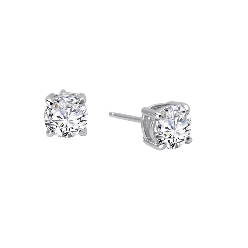 A pair of Lafonn 2.50 carats Diamond Stud Earrings in sterling silver, each featuring a single round-cut simulated diamond. The earrings are displayed with one showcasing the front view and the other presenting the side view of the setting and post, creating a timeless classic look.