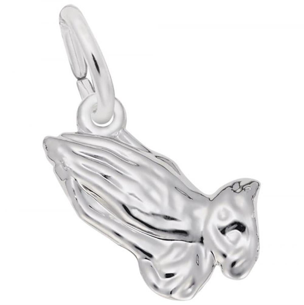 A Rembrandt Charms sterling silver piece, named the Praying Hands Charm, is displayed against a white background. This charm features detailed wings and an elongated body, with a small loop at the top for attaching to a bracelet or necklace.