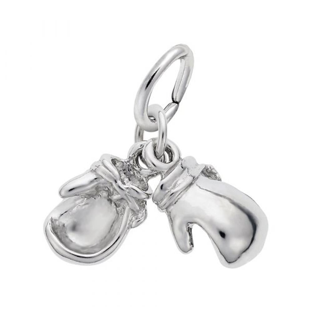 The Boxing Gloves Charm in Sterling Silver by Rembrandt Charms showcases a pair of miniature boxing gloves with detailed stitching and laces, connected by a ring for easy attachment to a bracelet or necklace.