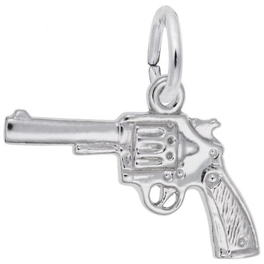 The Revolver Gun Charm by Rembrandt Charms is a detailed and expertly-crafted sterling silver pendant in the shape of a revolver. This charm features a long barrel, a textured grip, and a circular attachment ring at the top for threading onto a chain or bracelet.