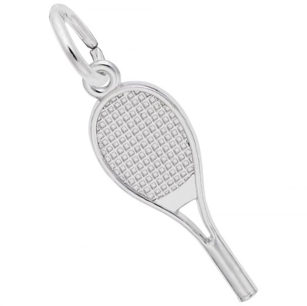 The Tennis Racquet Charm in Sterling Silver by Rembrandt Charms features intricate grid detailing on the racket face and includes a loop at the handle end for easy attachment to a bracelet or necklace, adding a touch of elegance to any accessory.