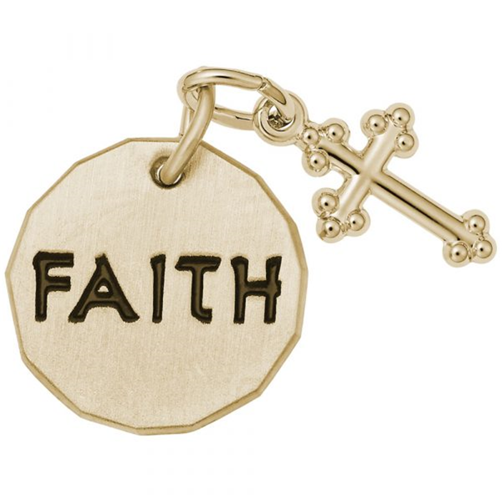 The Rembrandt Charms' "Faith Tag with Bottony Cross Accent Charm," crafted from gold-plated sterling silver, features an octagonal pendant inscribed with the word "FAITH" alongside a small bottony cross with ornate ends, both gracefully suspended from a delicate loop.