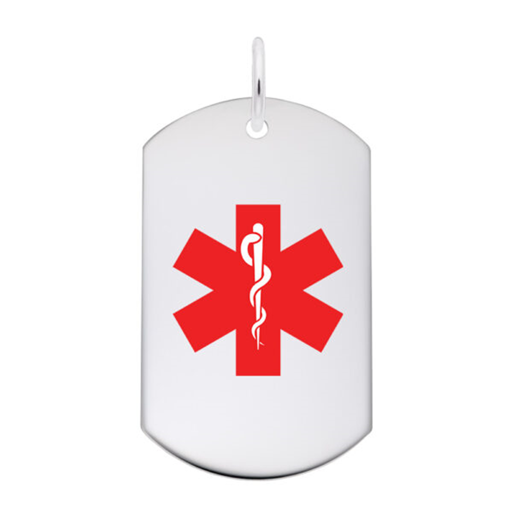 The Rembrandt Charms Medical Alert Painted Dog Tag, made of sterling silver, features a red Star of Life with a Rod of Asclepius symbol in the center, signifying a personal guardian angel for individuals with medical conditions.