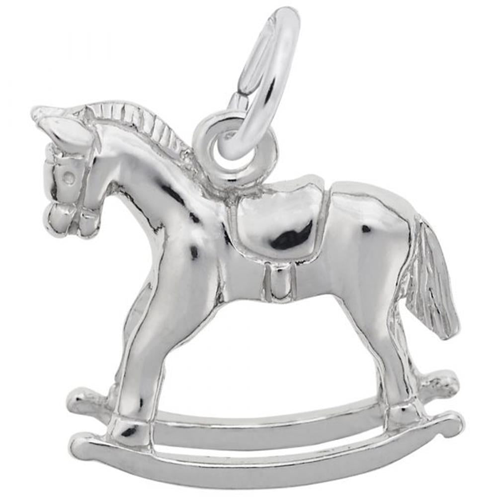 The Rocking Horse Charm by Rembrandt Charms is made from sterling silver and showcases detailed craftsmanship, including a saddle and bridle. It features a loop at the top for easy attachment, making it an ideal addition to any collection.