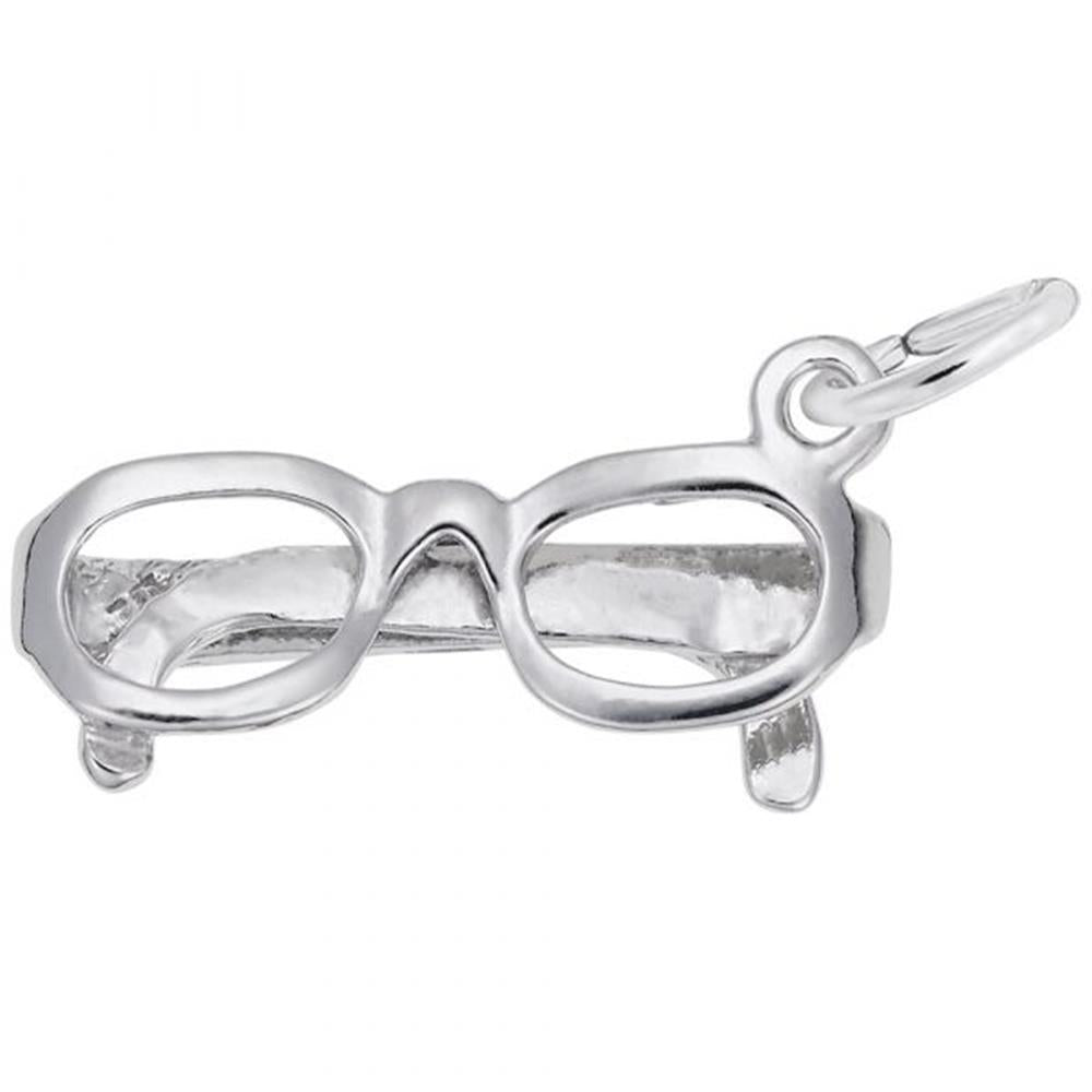 The Rembrandt Charms Glasses Charm in sterling silver is a small charm intricately designed to resemble round-lensed eyeglasses, featuring a loop at the top for easy attachment to a bracelet or necklace.