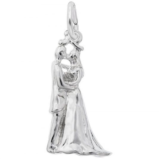 The Rembrandt Charms Bride & Groom Charm is a finely detailed sterling silver piece, capturing the intimate moment between the couple. The charm features the bride on the right, wearing a long, flowing gown as they embrace romantically.