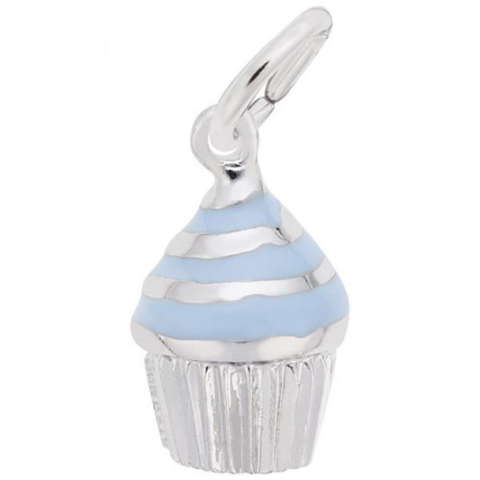 Introducing the Rembrandt Charms Blue Swirl Cupcake Charm in sterling silver, a luxurious and elegant piece shaped like a cupcake and adorned with striking blue and silver striped frosting. This charm boasts a small loop at the top, perfect for attaching to any bracelet or necklace.