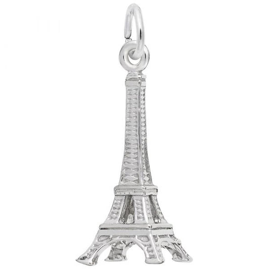 A Small Eiffel Tower Charm, crafted from Sterling Silver by Rembrandt Charms, features a finely detailed replica of the iconic Parisian landmark and includes a small loop at the top for easy attachment to a bracelet or necklace.