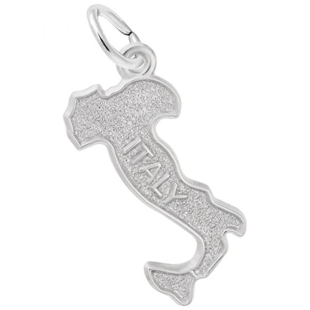 The Italy Country Charm by Rembrandt Charms is a sterling silver pendant in the shape of Italy, showcasing a textured surface and the word "ITALY" engraved vertically in the center. This elegant charm features a small loop at the top for easy attachment to a chain.