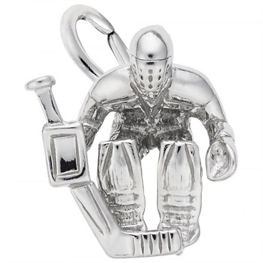 The Rembrandt Charms Hockey Goalie Charm in sterling silver features a detailed ice hockey goalie in full gear, squatting in a ready stance with a raised stick and glove. The pendant includes a loop at the top for easy attachment to a chain or necklace.