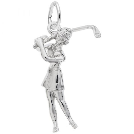 The Female Golfer Charm by Rembrandt Charms is crafted from sterling silver and portrays a female golfer mid-swing, dressed in a skirt and cap with her golf club positioned behind her head. This exquisite charm features a small loop at the top for easy attachment to your favorite chain or bracelet.